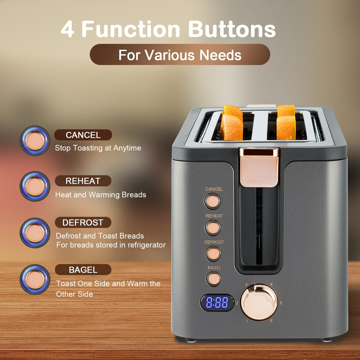 Mecity toaster bagel/defrost/reheat modes for versatile breakfast prep.