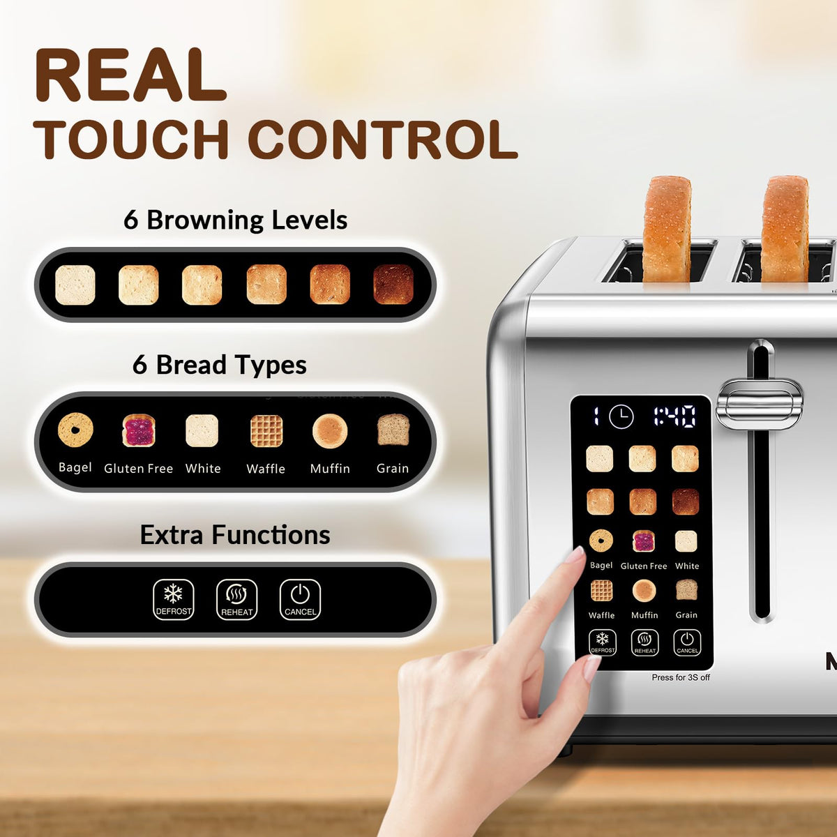 Mecity toaster showing dual control panels for flexible toasting.