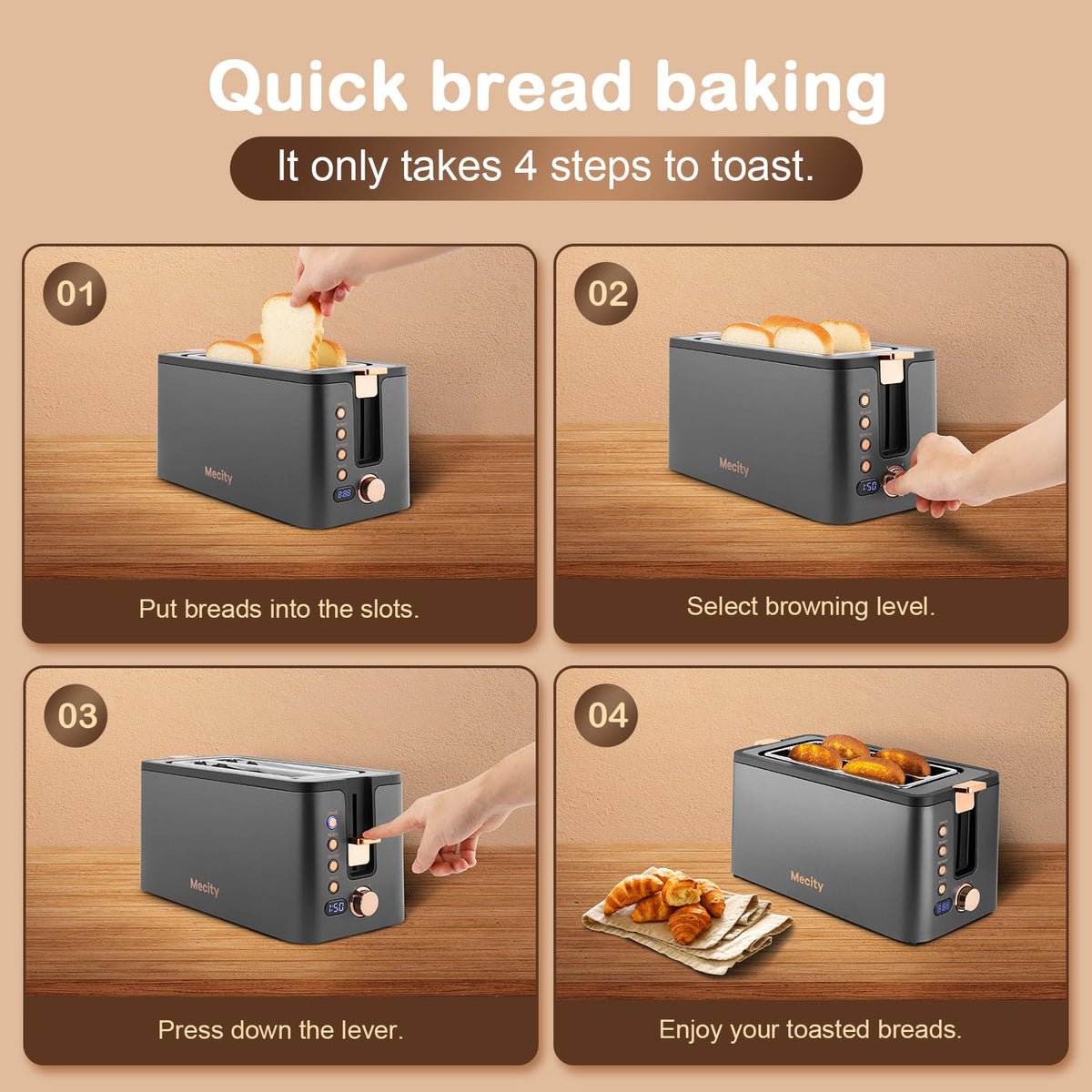 Mecity toaster removable crumb tray simplifies cleaning after breakfast.