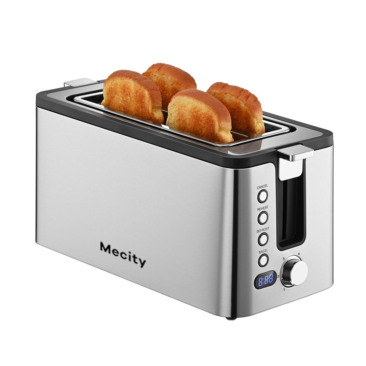 Mecity 4-slice toaster front view with spacious slots for even toasting