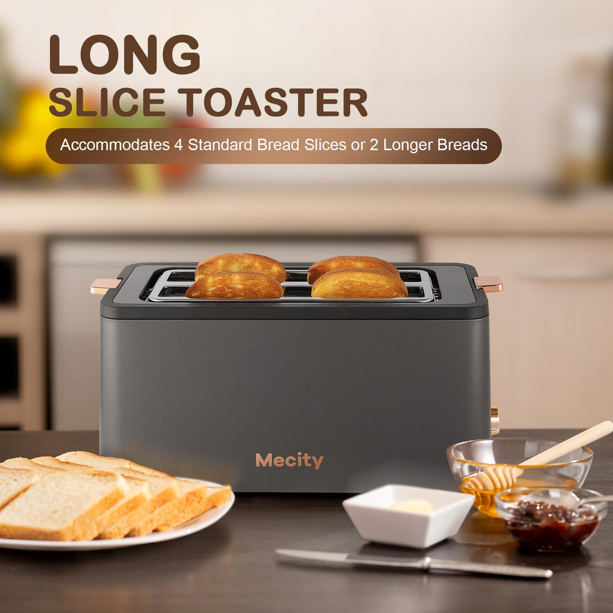 Mecity 4-slice toaster long-slot design fits varied breads and pastries.