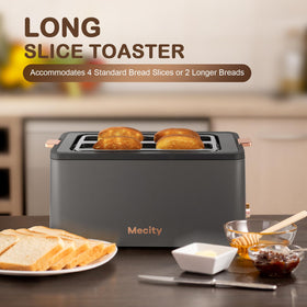 Mecity 4-slice toaster long-slot design fits varied breads and pastries.