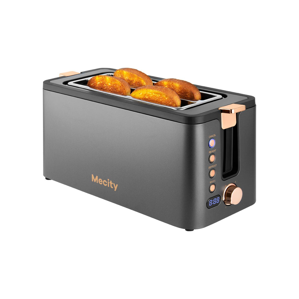 Mecity 4-slice toaster with built-in top warming rack for quick, warm plates.