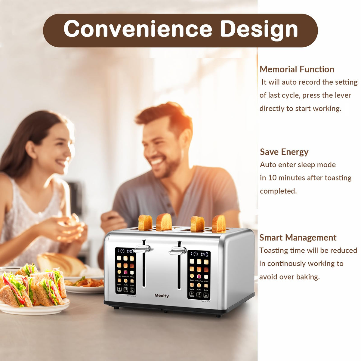 Mecity toaster with 6 browning levels and presets for customization.