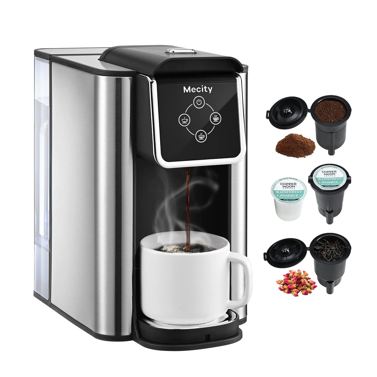 Mecity coffee maker with 3-in-1 K-Cup brewing for quick coffee.