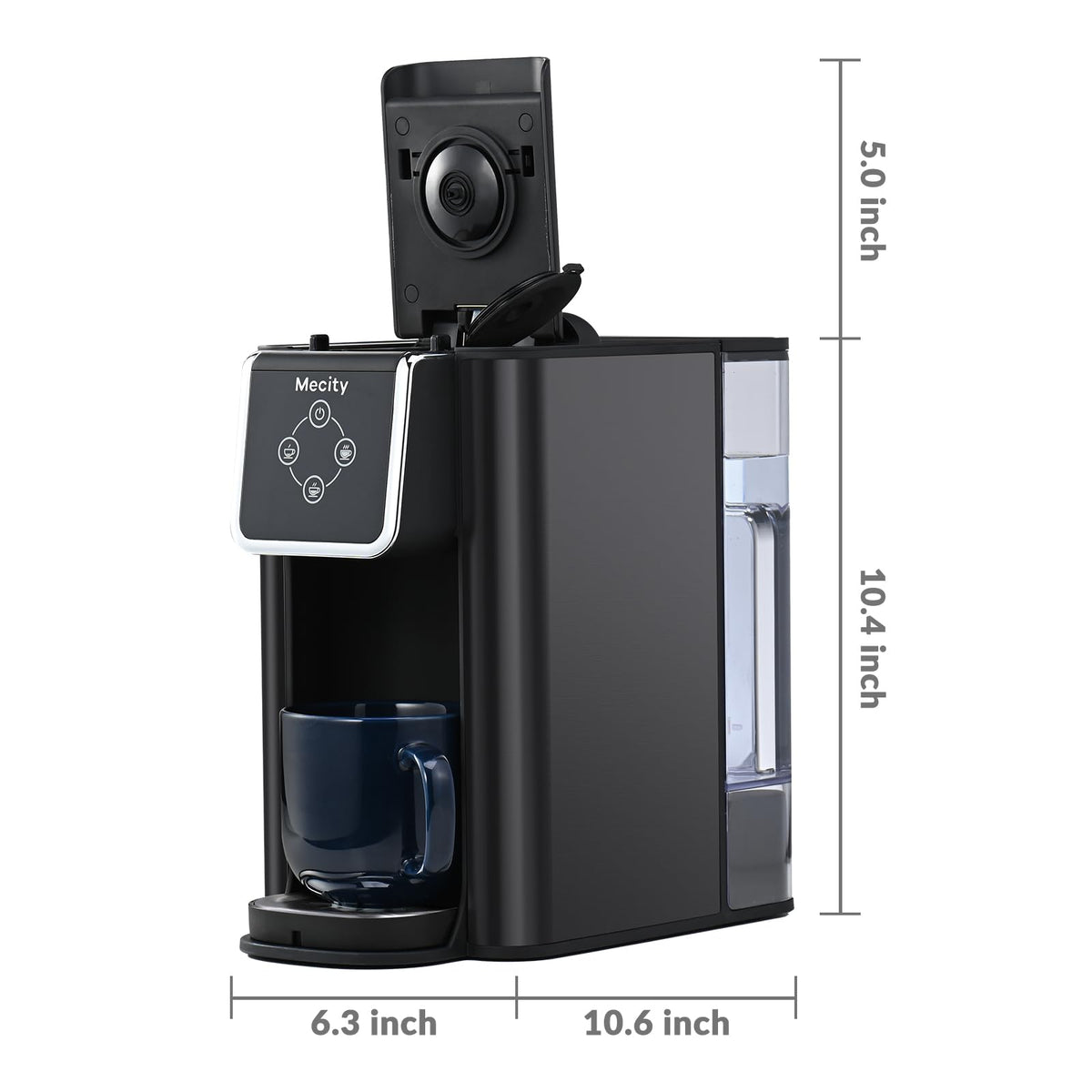 Mecity front view of coffee maker with cup ready for a fresh brew