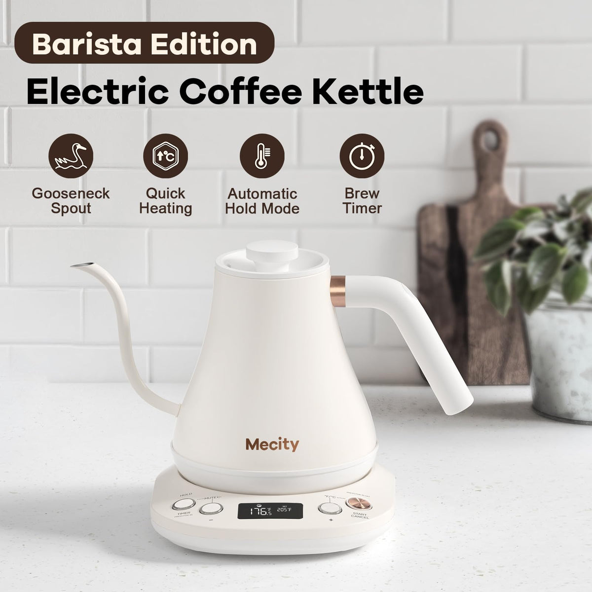 Mecity kettle with LCD display showing temperature and status
