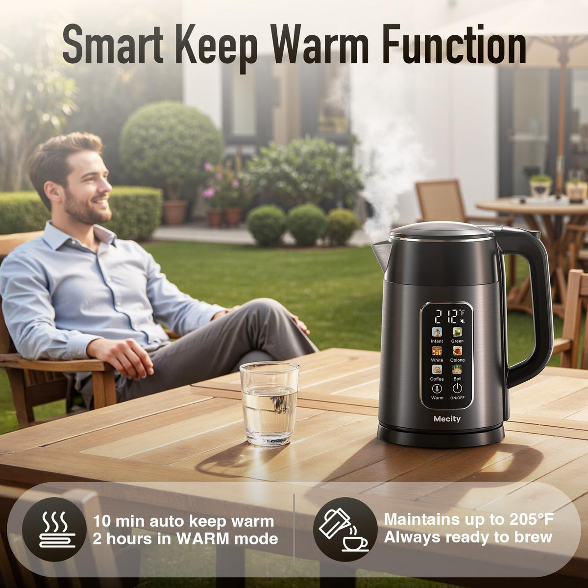 Mecity double-wall stainless body keeps water hot while remaining cool to touch.