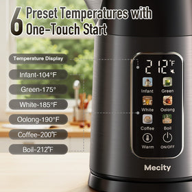 Mecity kettle showing six preset programs for tea, coffee, and formula.