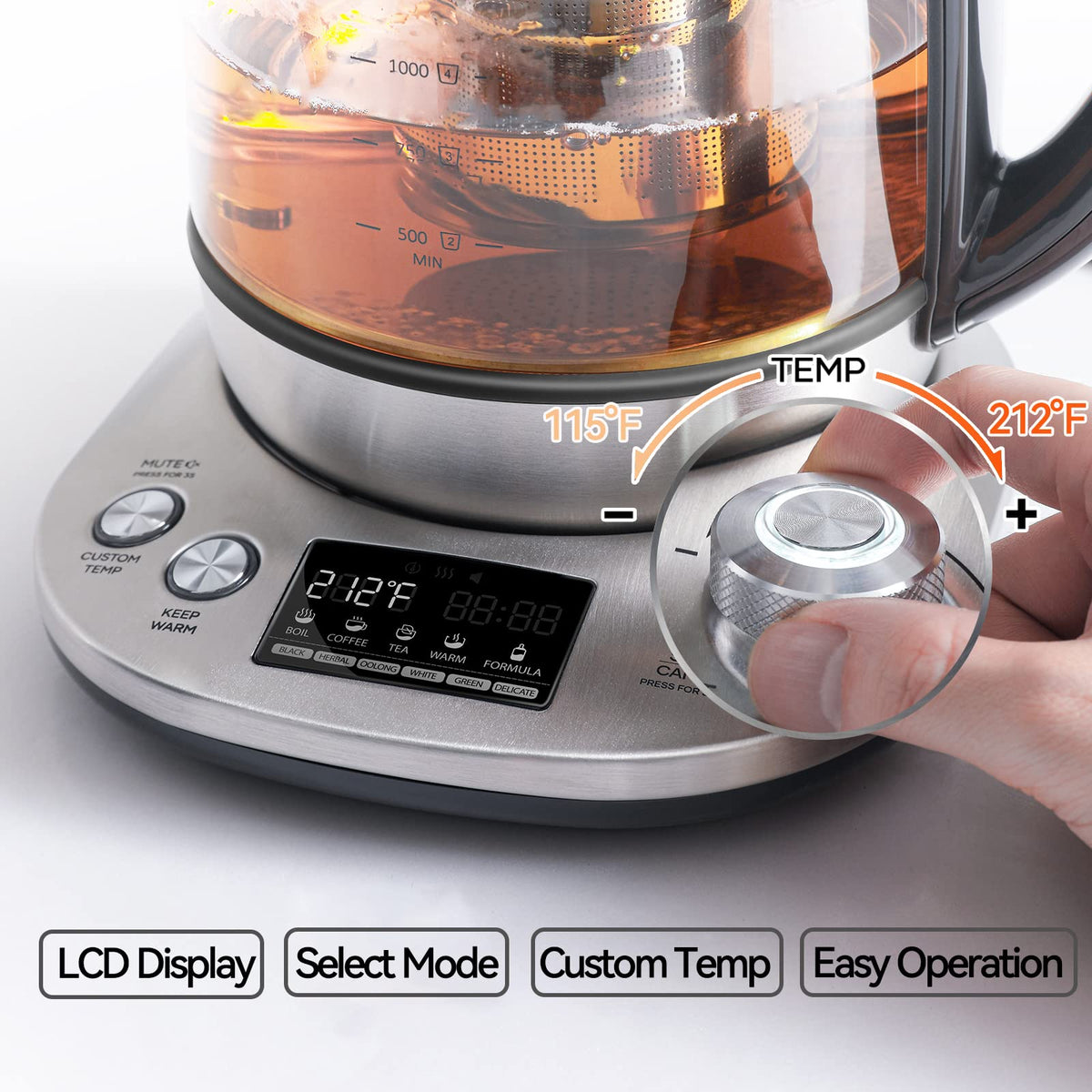 Mecity kettle interface with nine preset programs for tea and coffee