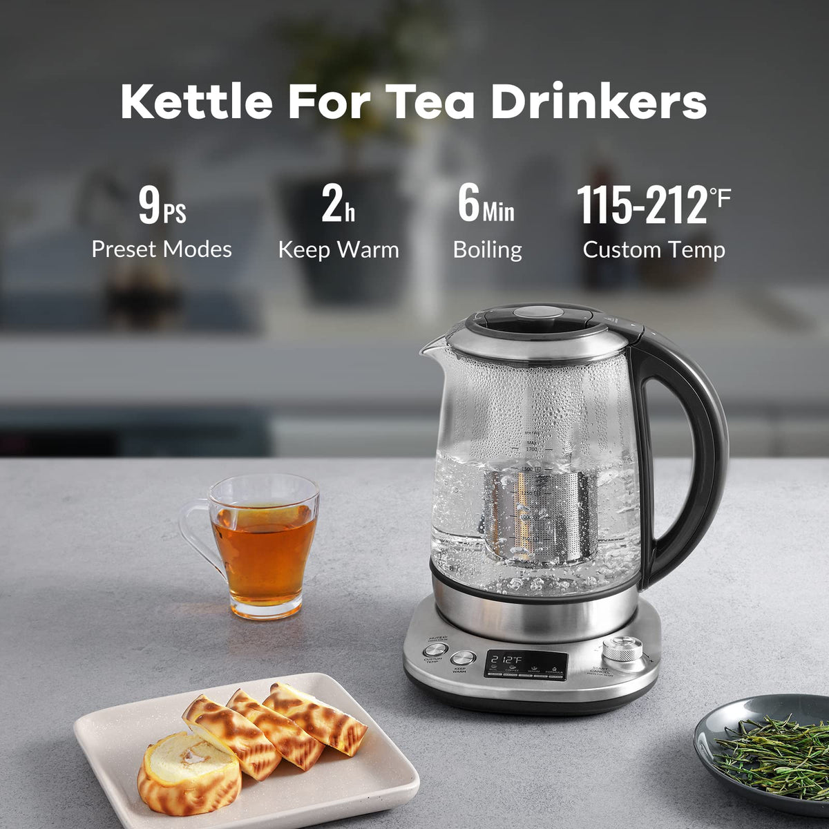 Mecity electric tea kettle showing 1.7 liter capacity for family use