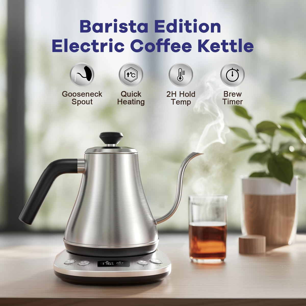 Mecity gooseneck kettle highlighting automatic shut-off for safety.