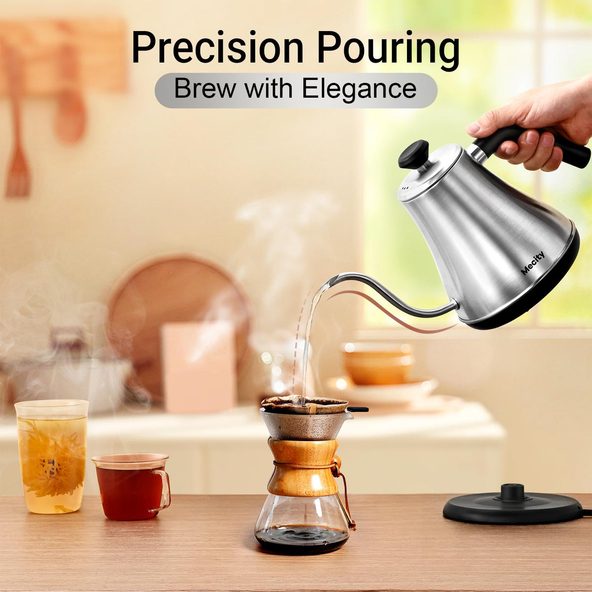 Mecity gooseneck spout close-up enabling controlled pouring for coffee or tea