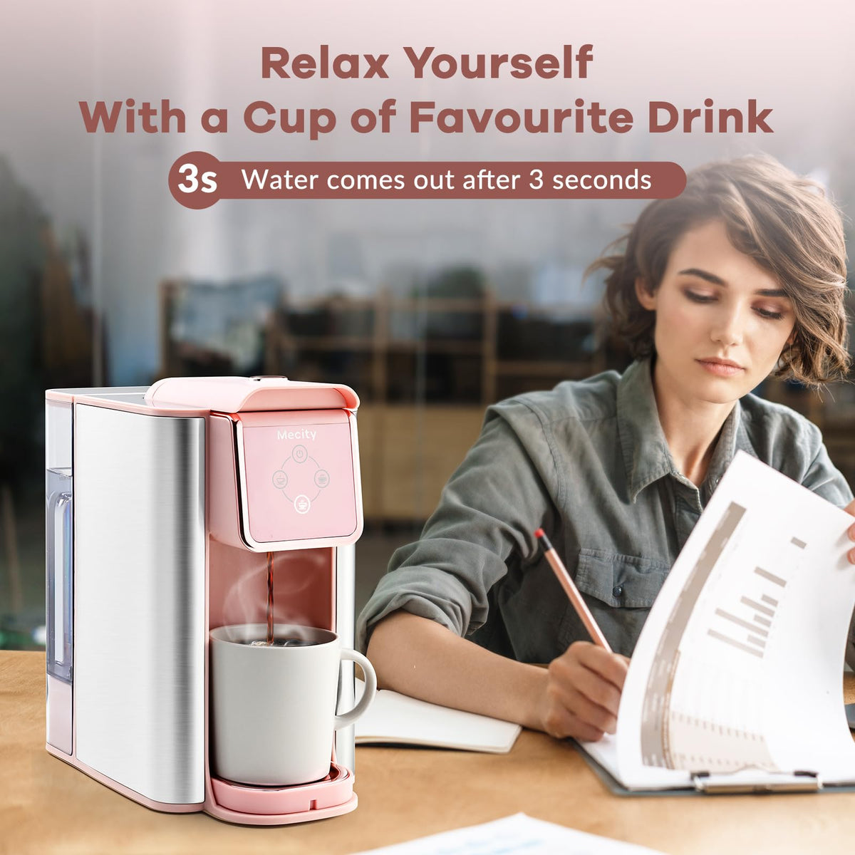 Mecity pink coffee maker 10oz brew option for larger servings.
