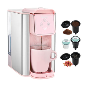 Mecity pink coffee maker front view emphasizing compact footprint for small kitchens.