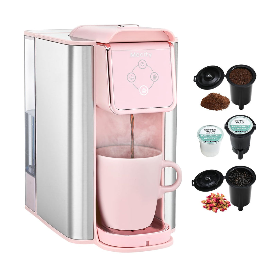 Mecity pink coffee maker front view emphasizing compact footprint for small kitchens.