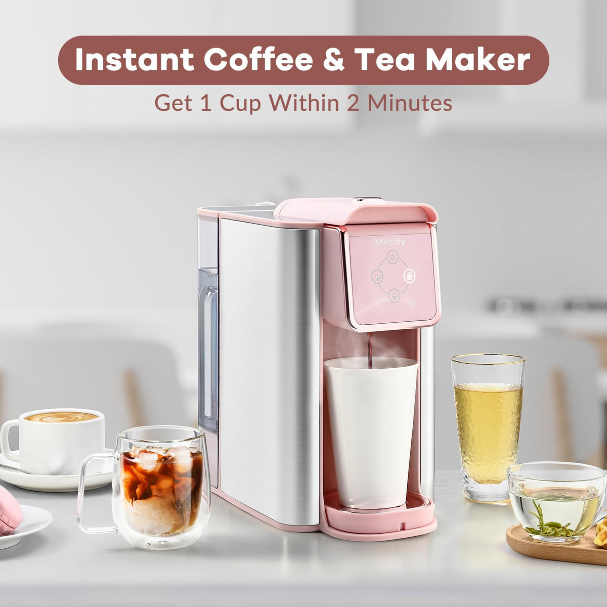 Mecity pink coffee maker pod brewing image highlights quick single-serve convenience.