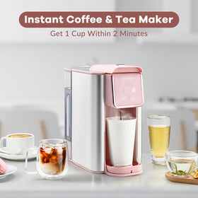 Mecity pink coffee maker pod brewing image highlights quick single-serve convenience.