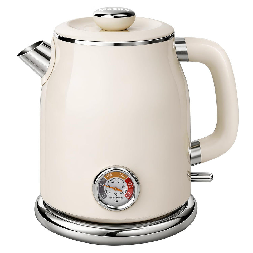 Mecity retro kettle stainless interior close-up, no plastic contact for pure boiling.