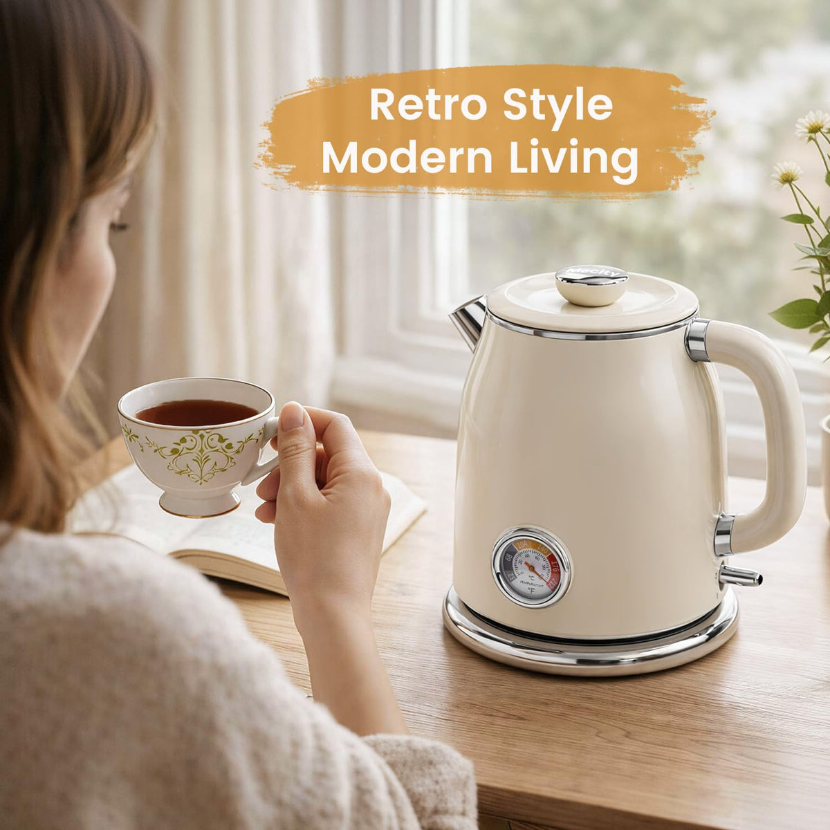 Mecity retro kettle temperature display aids precise control for tea and coffee.