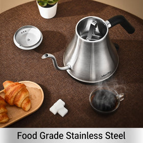 Mecity stainless steel kettle body close-up highlighting durable, plastic-free water contact