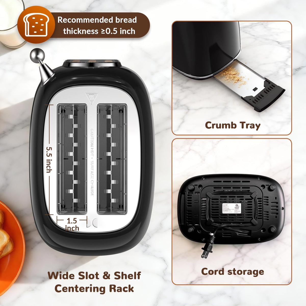 Mecity Toaster 2 Slice defrost function helps toast frozen bread without extra steps.