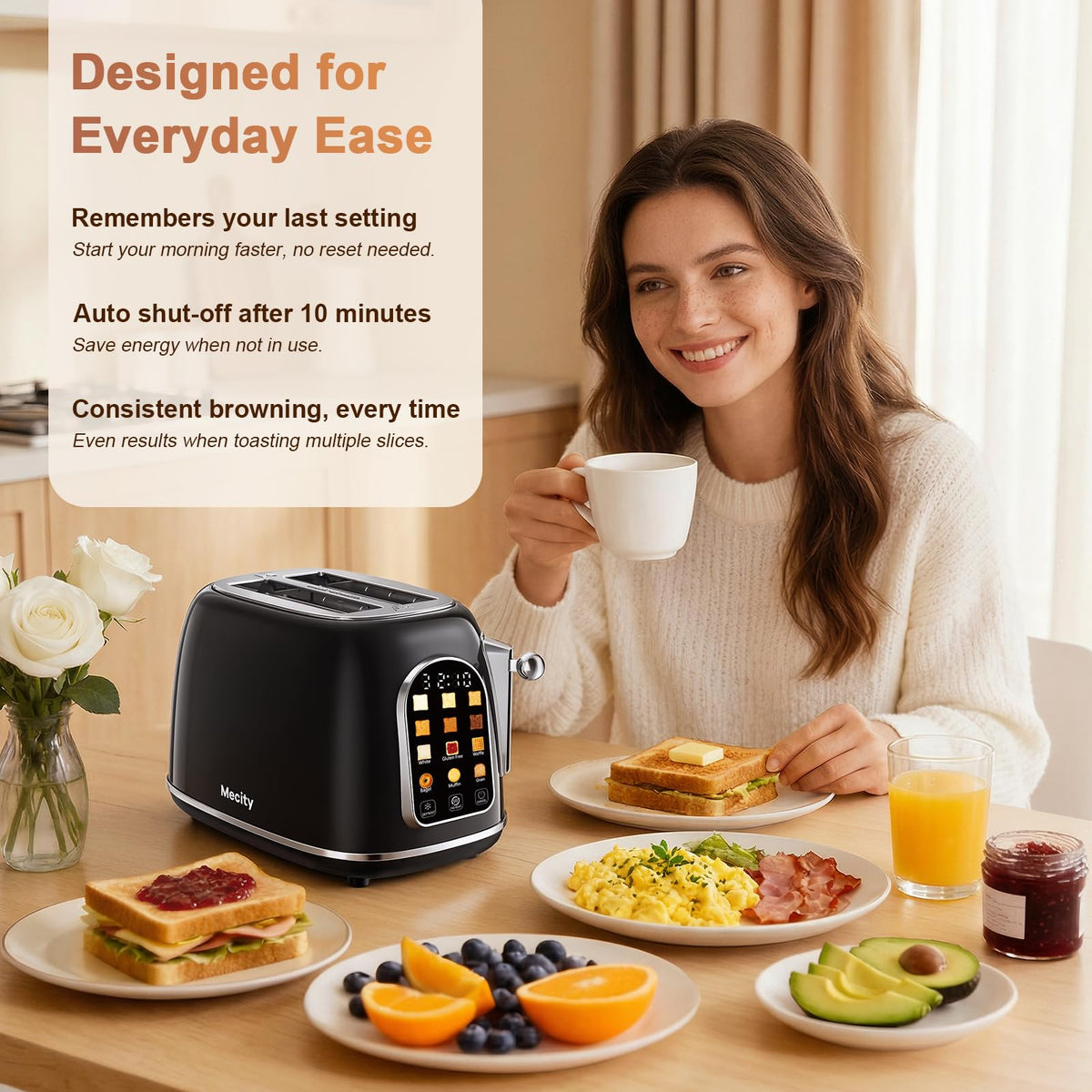 Mecity Toaster 2 Slice English muffin program demonstrates even toasting for small halves.