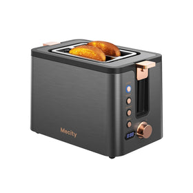 Mecity 2-slice toaster front view in stainless steel, ideal compact kitchen appliance.