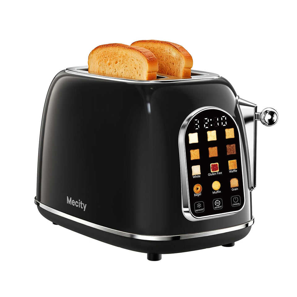 Mecity Toaster 2 Slice front view with retro design and modern touchscreen for quick breakfasts.