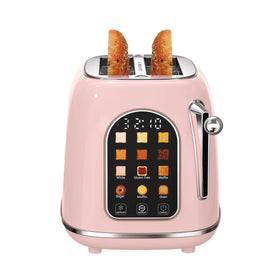 Mecity 2-slice pink toaster front view with retro touchscreen and precise browning