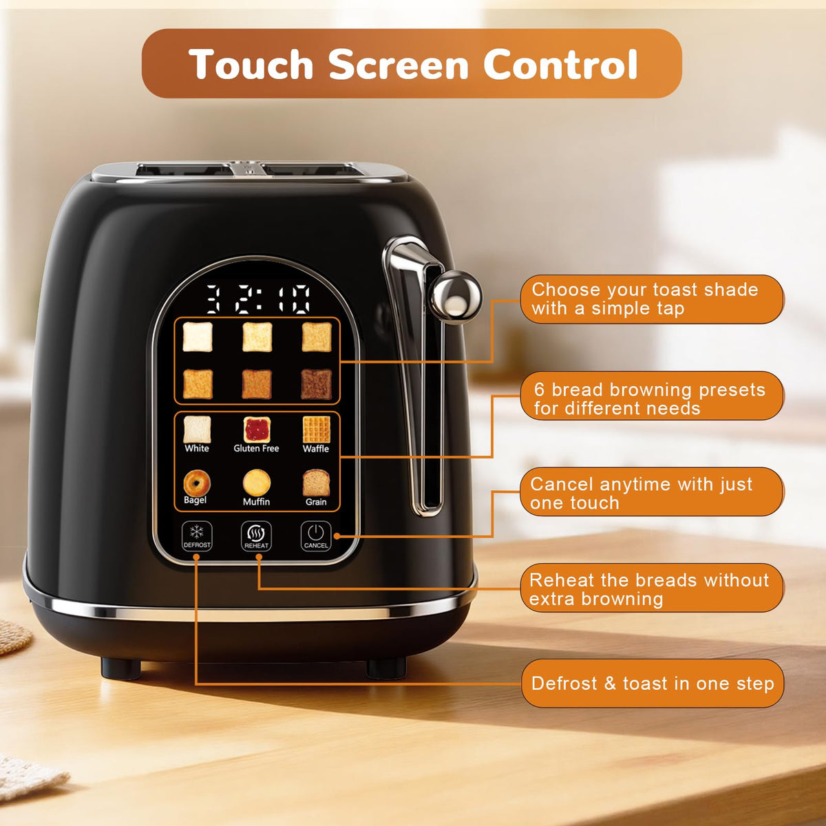Mecity Toaster 2 Slice touchscreen panel shown for precise browning and easy program selection.