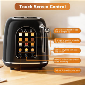 Mecity Toaster 2 Slice touchscreen panel shown for precise browning and easy program selection.