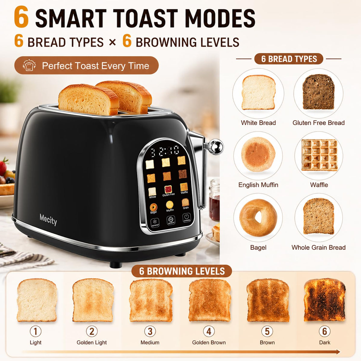 Mecity Toaster 2 Slice wide slot highlighting spacious slots ideal for bagels and waffles.
