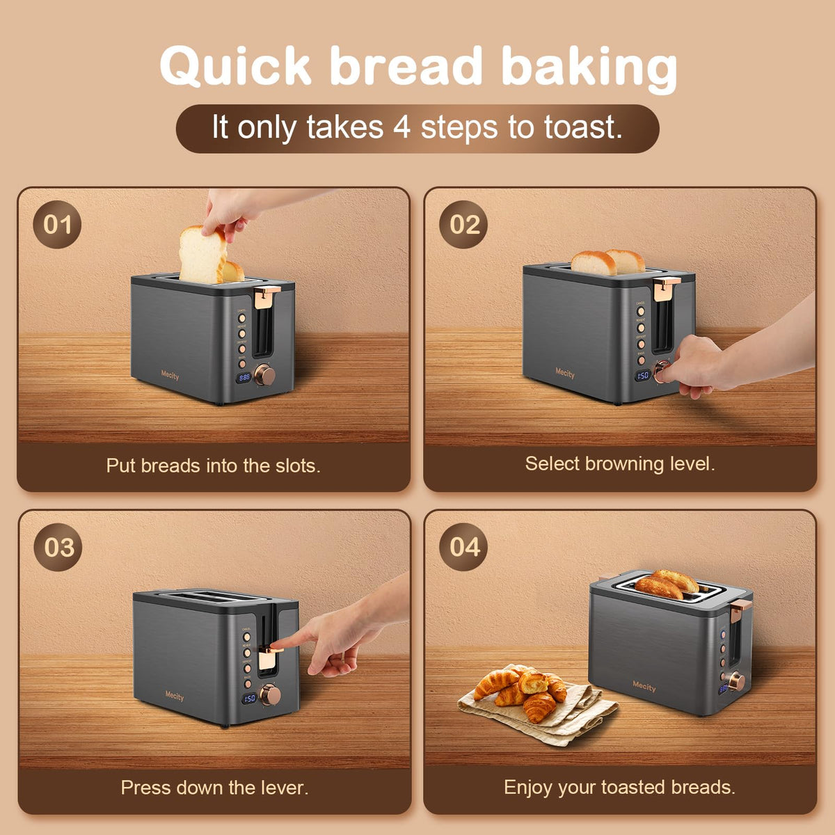 Mecity toaster 6 browning settings dial for customized toasting levels.