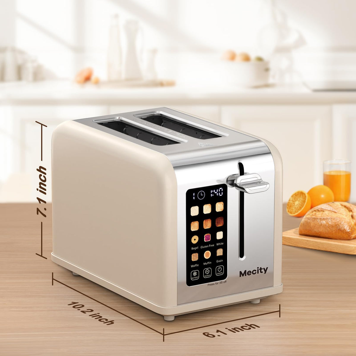 Mecity cream toaster in a kitchen setup showing compact, stylish design