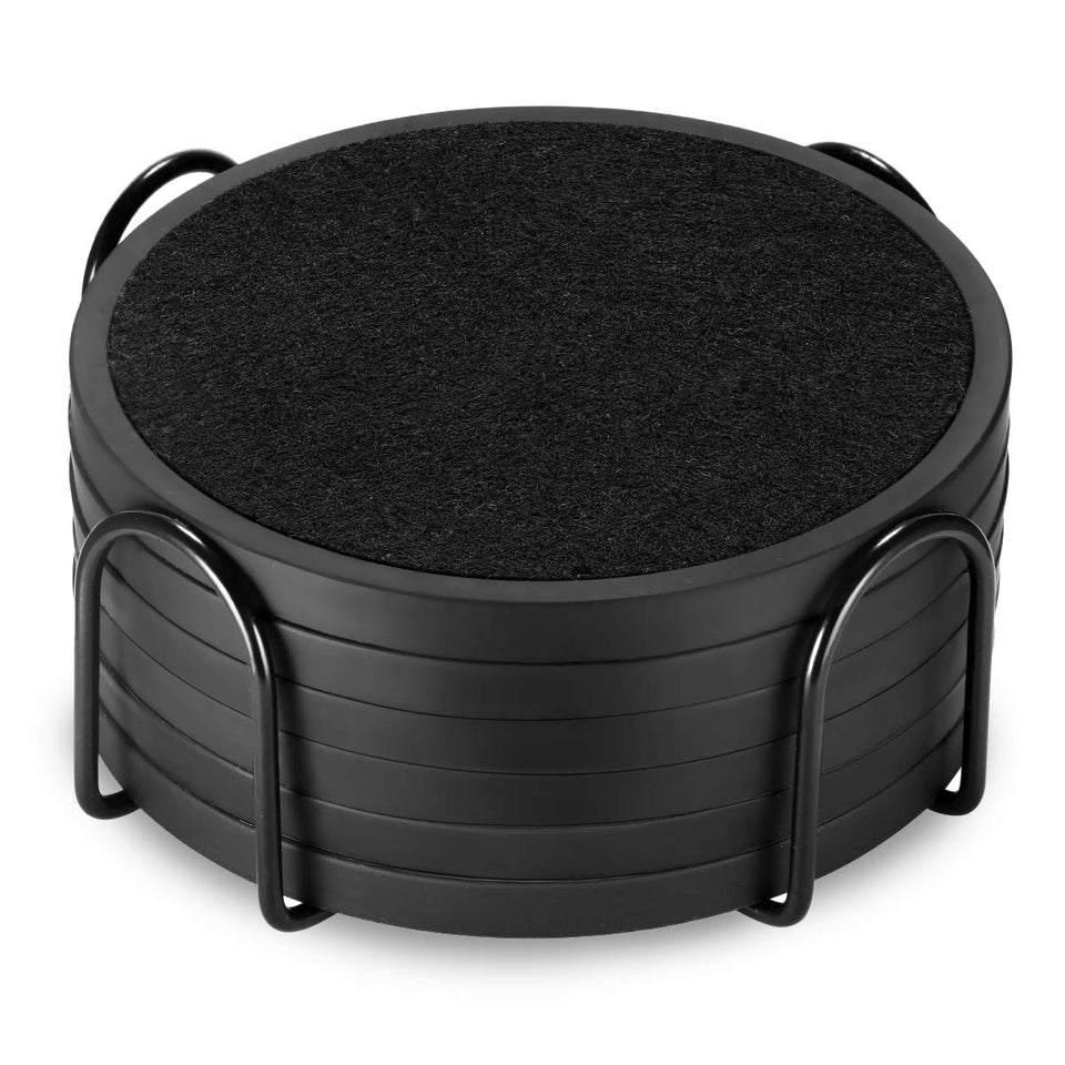 MECOWON absorbent coaster with holder, round black, protects surfaces from moisture