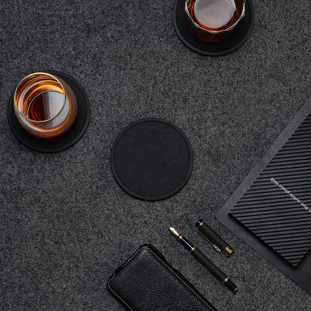MECOWON compact six-pack coasters arranged on dining table