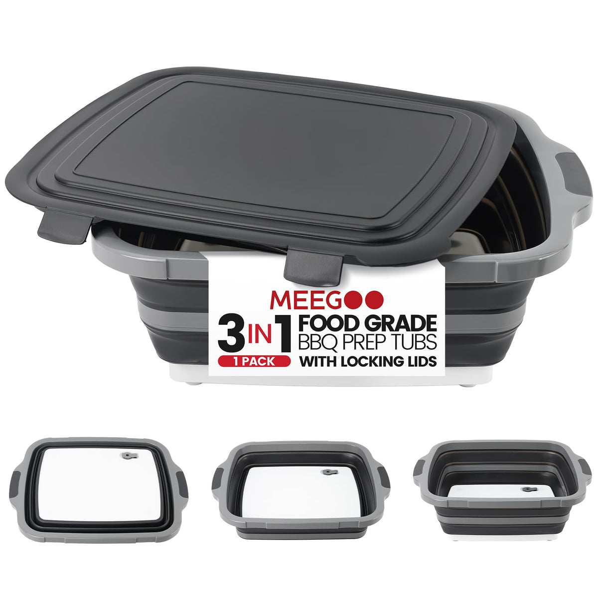 Meegoo BBQ Prep Tub 16L Collapsible with lid enables easy camping meal prep.