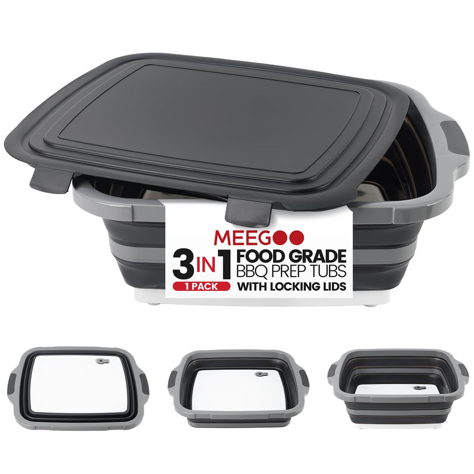 Meegoo BBQ Prep Tub 16L Collapsible with lid enables easy camping meal prep.