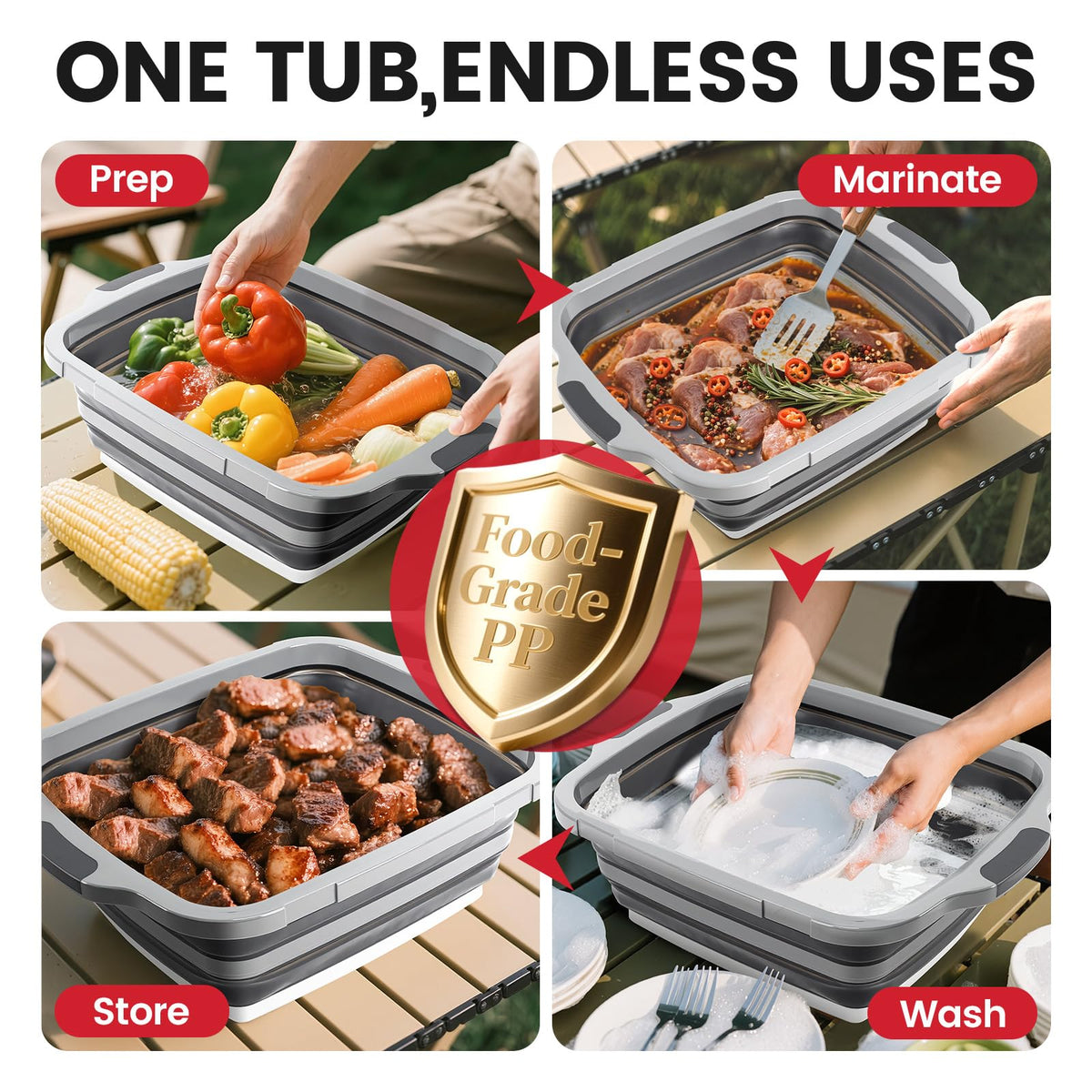 Meegoo BBQ Prep Tub colander feature lets you drain water quickly after washing.