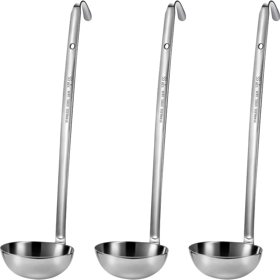 Meekoo three-piece stainless steel ladle set with pouring rim for precise portions.