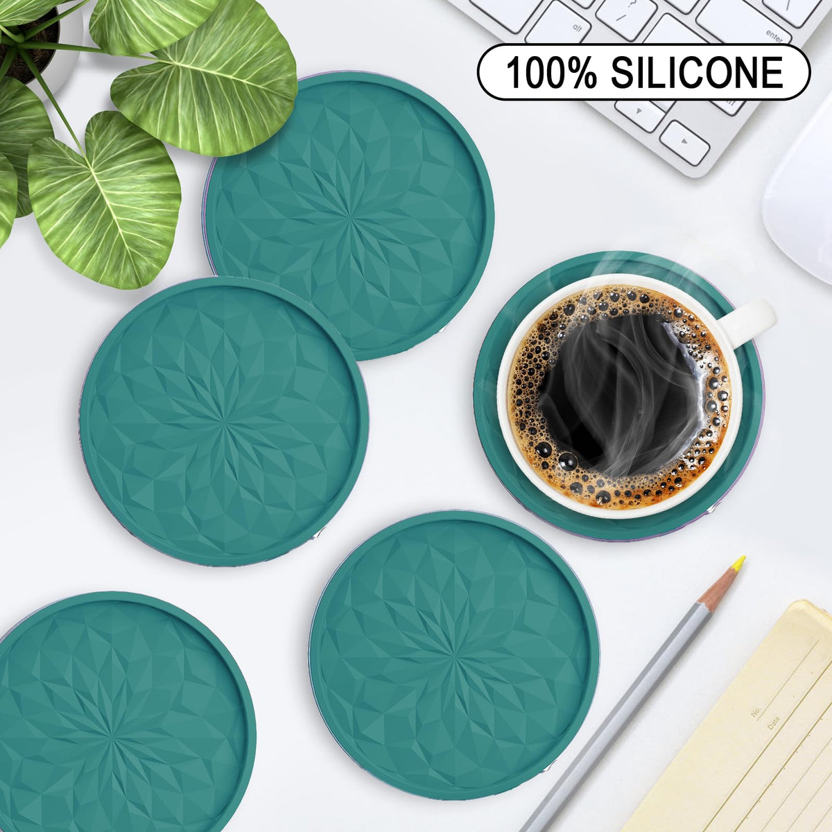 ME.FAN silicone coaster with deep tray design catching spills.