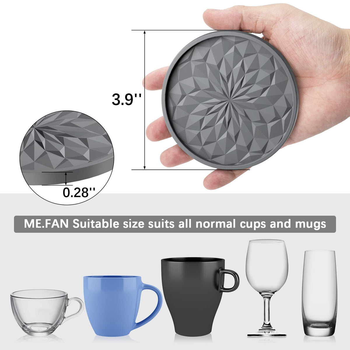 ME.FAN silicone coaster showing double-sided non-slip bottom on glass.