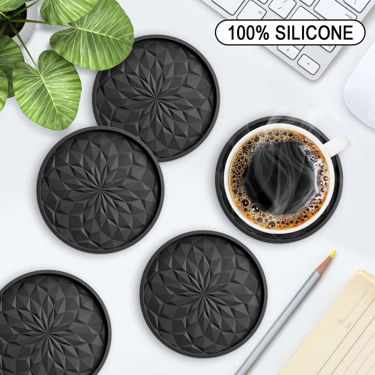 ME.FAN silicone coasters with deep tray design catching condensation from drinks