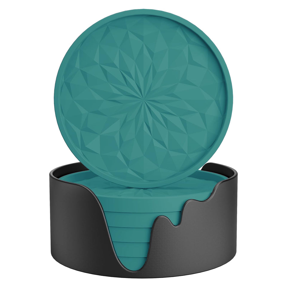ME.FAN silicone coaster with holder in teal blue protecting a wooden table.