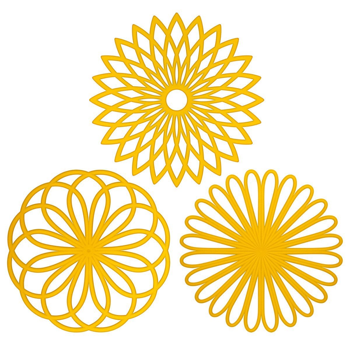 ME.FAN silicone trivet set with yellow flower design protects countertops from hot pots.