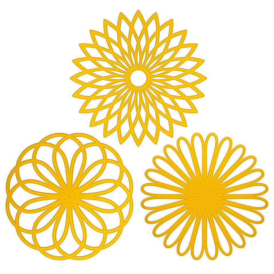 ME.FAN silicone trivet set with yellow flower design protects countertops from hot pots.