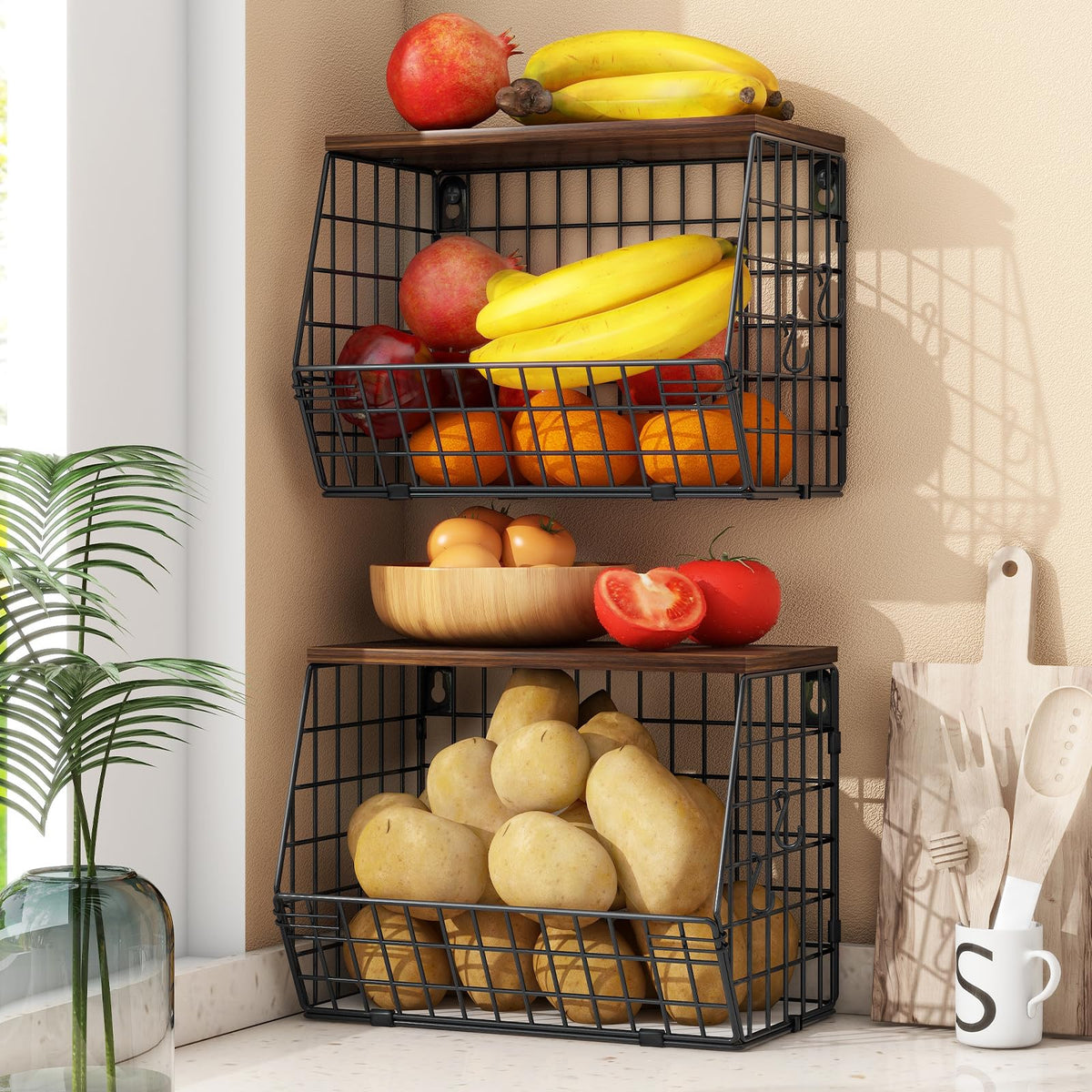 Mefirt 2-pack fruit basket with wood lid on countertop keeps fruit tidy