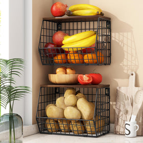 Mefirt 2-pack fruit basket with wood lid on countertop keeps fruit tidy