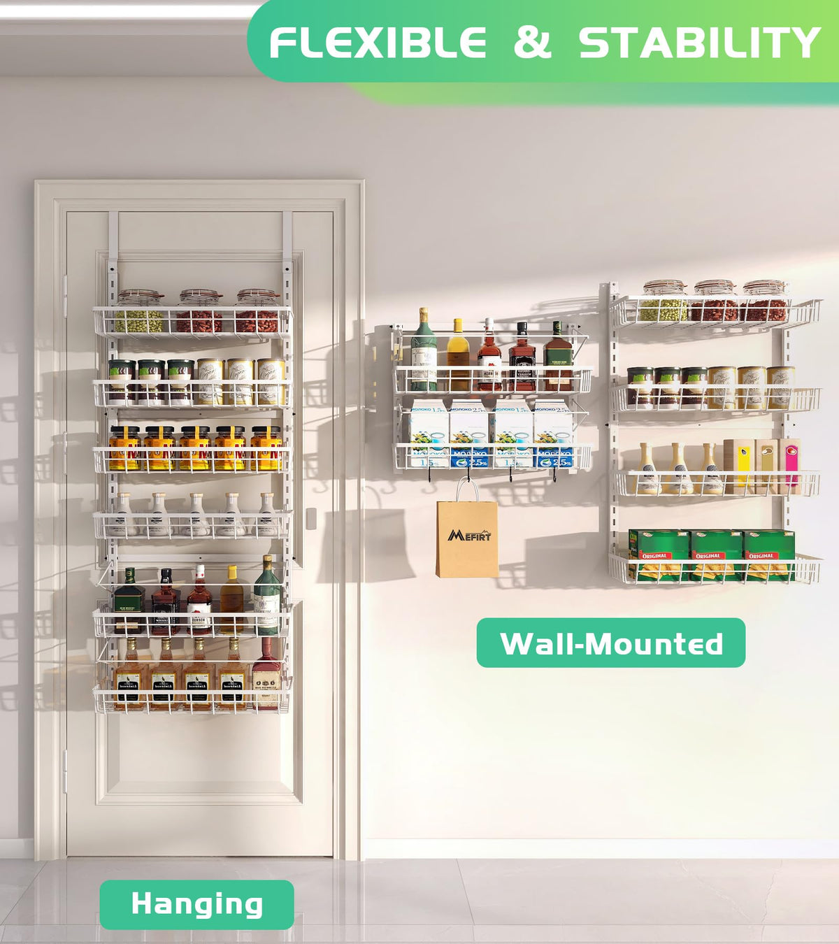 Each basket depth and width provide compact storage without door interference.